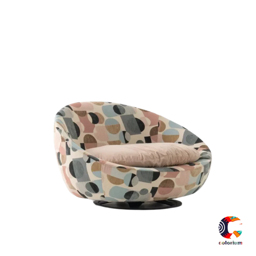 A round swivel chair with a colorful abstract pattern and a beige cushion