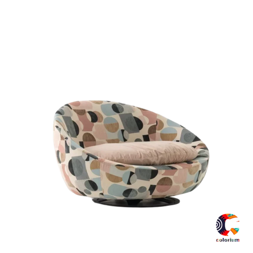 A round swivel chair with a colorful abstract pattern and a beige cushion