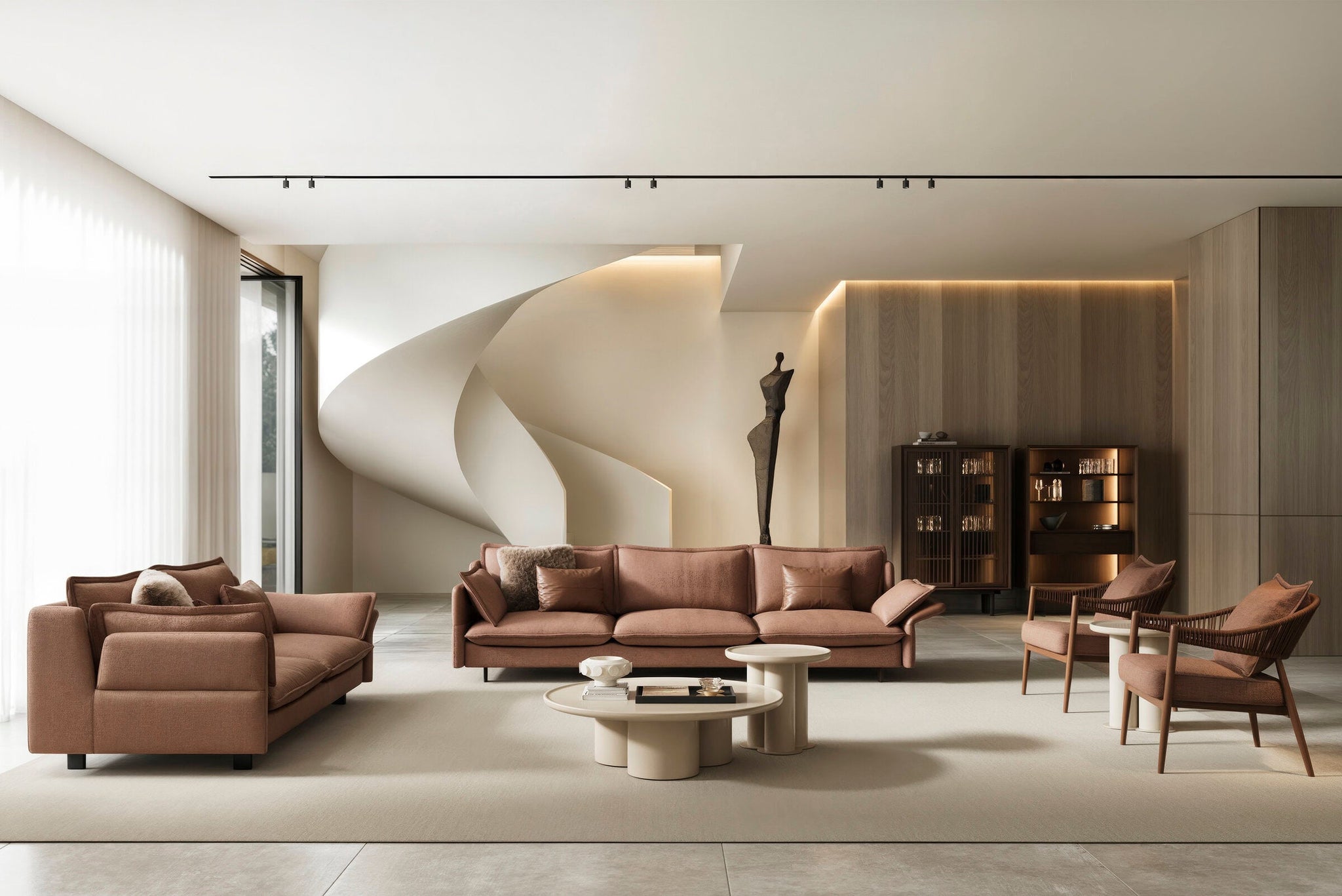 Modern living room with brown leather sofas, a white marble coffee table, a sculpture, and a built-in wooden cabinet with ambient lighting